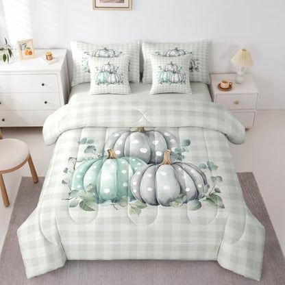 Erosebridal Thanksgiving Day 7 Piece Bedding Set Twin Fall Pumpkins Comforter Set with Sheets Autum Leaves Bed in a Bag Polka Dots Natural Bed Sets Comforter