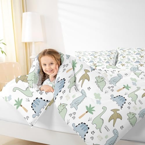 Cute Dinosaur Kids Comforter Set Queen Size,Cartoon Dino Wild Animals Super Soft Bedding Set for Adults Teens,Watercolor Sketching Hand Drawn Double Sides Print Down Comforter,2 Pillowcases