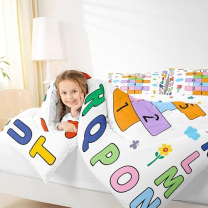 jejeloiu Alphabet ABC Comforter Set All Season Number Learning Bedding Set with 2 Pillow Cases Colorful Educational Microfiber Kids Full Bedclothes Bedroom Decor Duvet Quilt