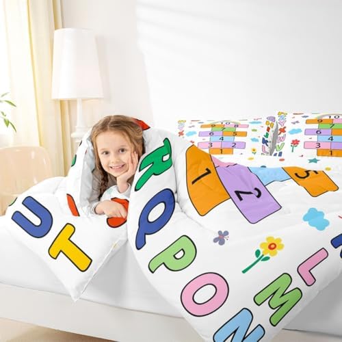 jejeloiu Alphabet ABC Comforter Set All Season Number Learning Bedding Set with 1 Pillow Cases Colorful Educational Microfiber Kids Toddler Bedclothes Bedroom Decor Duvet Quilt