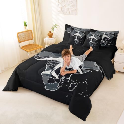 Erosebridal Boys Airplane Bedding Set Queen 7 Pcs Aircraft Comforter Set with Sheets Gradient Gray World Map Bed in A Bag for Kids Teens Men Modern Transportation Plane Bed Sets for Aviation Lovers