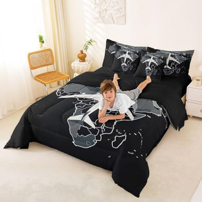 Erosebridal Boys Airplane Bedding Set Queen 7 Pcs Aircraft Comforter Set with Sheets Gradient Gray World Map Bed in A Bag for Kids Teens Men Modern Transportation Plane Bed Sets for Aviation Lovers