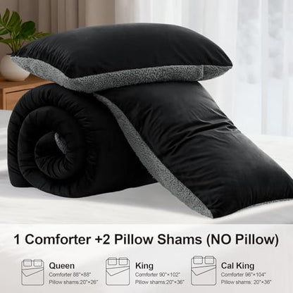 Fluffy Sherpa King Comforter Set, Thick Bedding Set 3 Pieces, Black