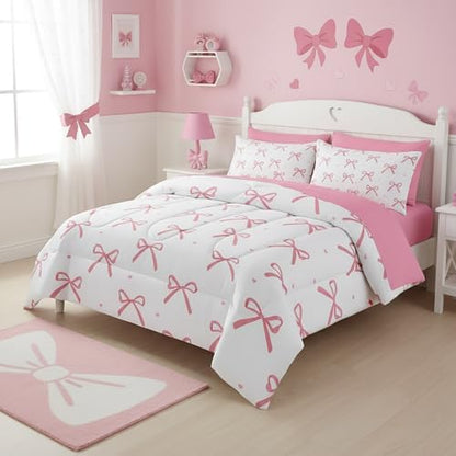 QOOMO Pink Bow 7 Pieces Comforter Set Twin Size,Bowknot Bedding Set