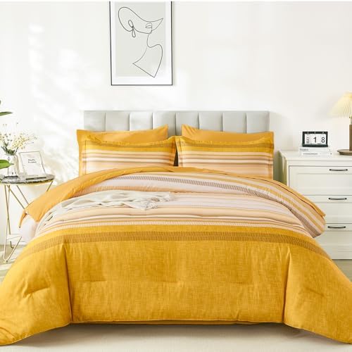 Dobuyly Yellow Comforter Set Queen Size 7 Piece, Boho Striped Bed in a Bag Queen Soft Microfiber Bedding Sets with Comforter, Sheets, Pillowcases & Shams All Season