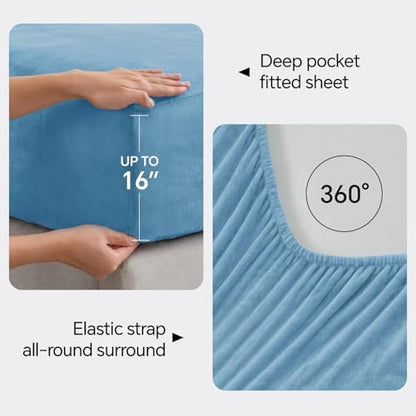 BEDELITE Flannel Sheets King Size, Forever Blue, 4 Pieces