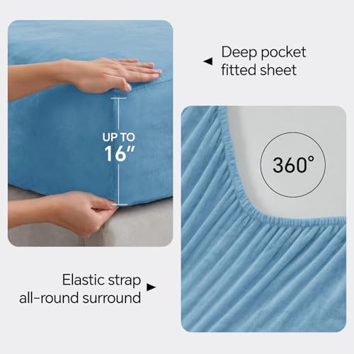 BEDELITE Flannel Sheets Queen Size, Forever Blue, 4 Pieces