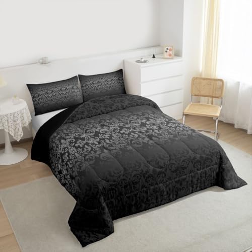 jejeloiu Gothic Damask Bedding Set Soft for Boys Girls, Vintage Jacquard Comforter Set Twin Size Black Exotic Floral Duvet Quilt Microfiber Antique Classic Bedroom Decor 2 Pcs with 1 Pillow Cases