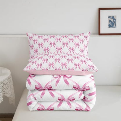 Manfei Pink Bow Comforter Set Toddler Size, Cute Bowknot Geometric Lattice Bedding Set 2pcs, Princess Kawaii Bow Tie Patchwrok Down Comforter for All Season, Kids Girls Room Decor, 1 Pillowcase