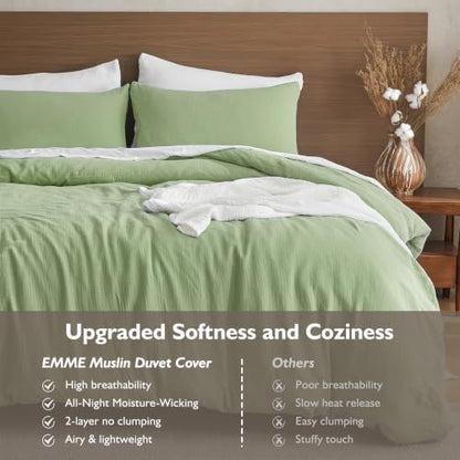 EMME Muslin Cotton Duvet Cover Set Linen Like Sage Green Twin