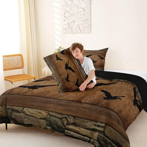 Manfei Cute Mallard Comforter Set Twin Size,Rustic Farmhouse Brown Wooden Bedding Set 2pcs,Fishing and Hunting Down Comforter for All Season,Kids Boys Girls Room Decor,1 Pillowcase,No Sheets