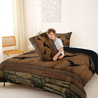 Manfei Cute Mallard Comforter Set Twin Size,Rustic Farmhouse Brown Wooden Bedding Set 2pcs,Fishing and Hunting Down Comforter for All Season,Kids Boys Girls Room Decor,1 Pillowcase,No Sheets