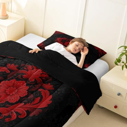 Feelyou Red Gothic Comforter Set Twin Size Vintage Damask Boho Bedding Set for Kids Boys Girls Exotic Victorian Duvet Quilt Bedroom Decor Microfiber 2 Pcs with 1 Pillow Cases