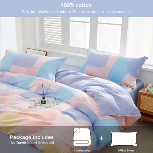 SAPHREAS Orange Blue Geometric Blocks Duvet Cover Set Twin Size 2pcs 100% Cotton Colorful Blocks Bedding Comforter Cover Set 1 Duvet Cover 1 Pillow Sham
