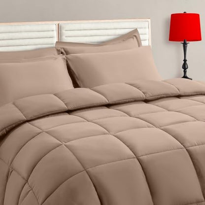 TAIMIT Beige Full Size Comforter Set - 7 Pieces, Bed in a Bag Bedding Sets with All Season Soft Quilted Warm Fluffy Reversible Comforter,Flat Sheet,Fitted Sheet,2 Pillow Shams,2 Pillowcases