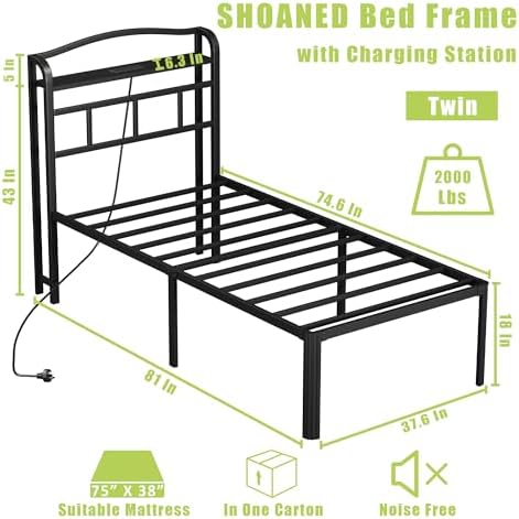 SHOANED 18 Inch Metal Bed Frame - Twin Size Black Heavy Duty Bedframe Platform Basic Mattress Foundation with Headboard & Charging Station No Box Spring Needed/Easy Assembly/Noise-Free