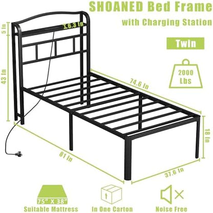 SHOANED 18 Inch Metal Bed Frame - Twin Size Black Heavy Duty Bedframe Platform Basic Mattress Foundation with Headboard & Charging Station No Box Spring Needed/Easy Assembly/Noise-Free