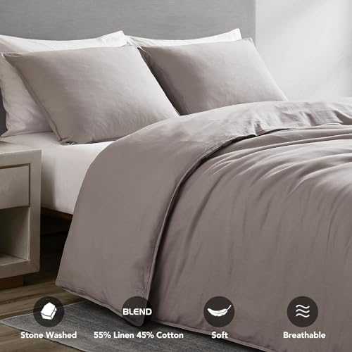 DAPU Linen Duvet Cover Set - French Linen Cotton Blend Natural Flax Soft Breathable Bedding 3 Pcs Set - 1 Duvet Cover 2 Pillowcases (Gray, King)