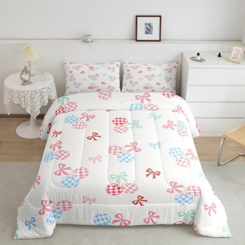 Girl Cherry Comforter Set Queen Size,Cute Bowknot Bedding Sets for Kids Boys Teens Adult Room Decor,Pink Blue Check Fruit Down Comforter White Princess Style Reversible Quilt Set,2 Pillowcases