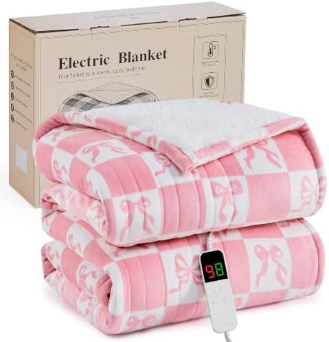 Pink Bow Electric Blanket Heated Twin 62"X84", Heating Blanket Twin