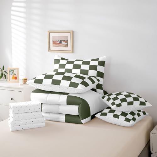 jejeloiu Green and White Comforter Set with Sheets 7 Piece Twin Size