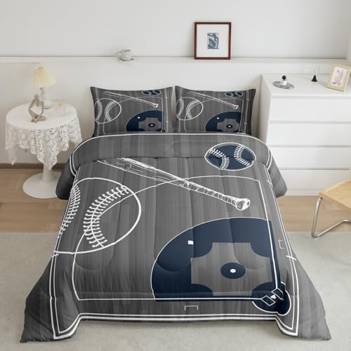 Erosebridal Boys Baseball Queen Size Comforter Set for Kids Child Sports Theme Bedding Set, Ball Gamer Down Comforter Polka Dots Printed Reversible Bed Set, Grey Quilted Duvet
