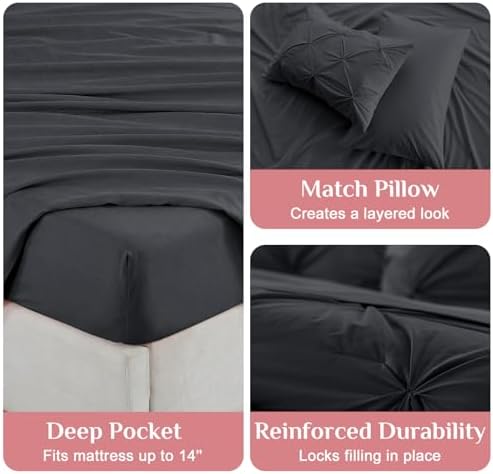 JOLLYVOGUE Full Size Comforter Sets 7 Pieces - Bed in a Bag Full for All Season, Pintuck Bedding Comforter Sets with Comforter, Flat Sheet, Fitted Sheet and Pillowcases & Shams, Dark Grey