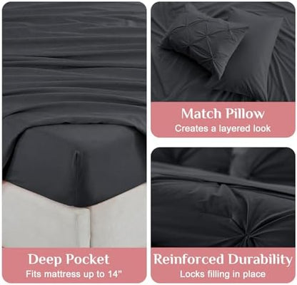 JOLLYVOGUE Full Size Comforter Sets 7 Pieces - Bed in a Bag Full for All Season, Pintuck Bedding Comforter Sets with Comforter, Flat Sheet, Fitted Sheet and Pillowcases & Shams, Dark Grey