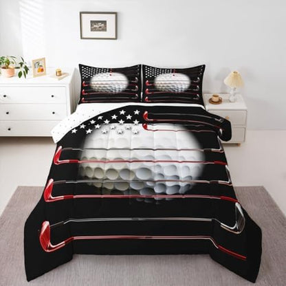 American Flag Bedding Golf Shape Pattern Quilt Comforter Set - Queen Size, Sports Games Stars Stripes Bedding With 2 Pillow Cases, Home Decor - Black & Red