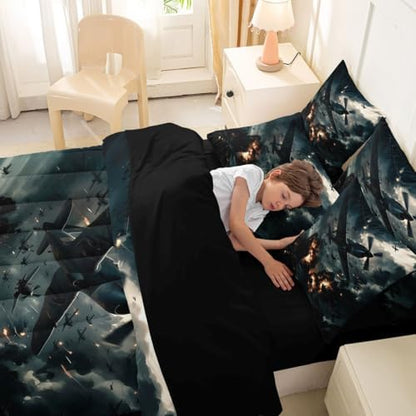 Erosebridal 7 Pcs Vintage Fighter Airplane Boys Bedding Set Queen Military Aircraft Comforter Set with Sheets for Kids Teens Men Realistic 3D Print Cloud Flame Aviation Bed in A Bag Plane Bed Sets