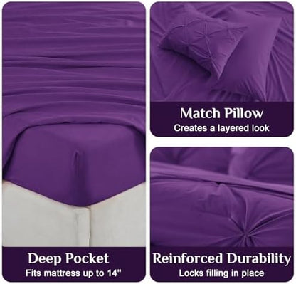 JOLLYVOGUE Twin Comforter Set 5 Pieces - Bed in a Bag Twin for All Season, Pintuck Bedding Comforter Sets with Comforter, Flat Sheet, Fitted Sheet and Pillowcases & Shams, Purple