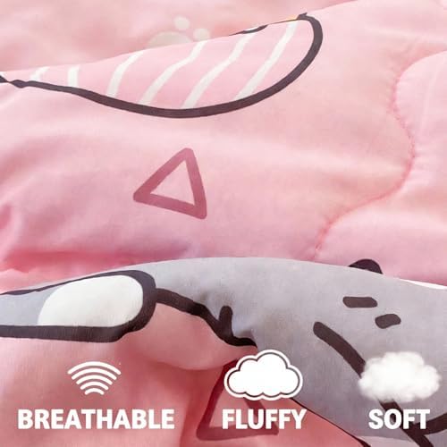 7 Piece Girls Cat Bedding Comforter Set Full Size for Kids Bed in A Bag Pink Cute Light Polyester Pet Cats Bedding Set for Teens and Young Girl