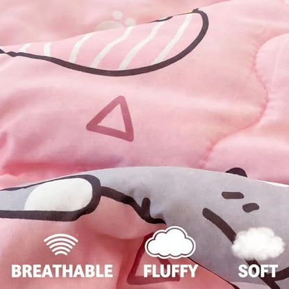 7 Piece Girls Cat Bedding Comforter Set Full Size for Kids Bed in A Bag Pink Cute Light Polyester Pet Cats Bedding Set for Teens and Young Girl