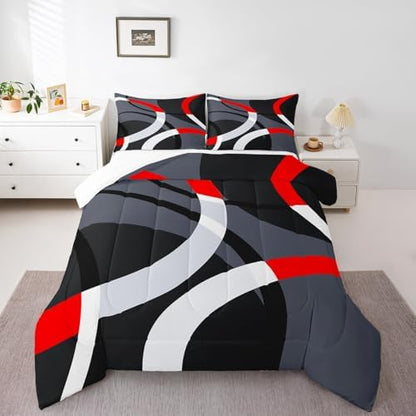 Feelyou Geometric Circle Comforter Set Red Grey and Black Comforter for Kids Boys Girls Teens Bedding Set Breathable Abstract Art Duvet Modern Luxury Room Decor Quilt Twin Size