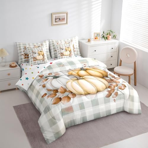 Erosebridal Thanksgiving 7 Piece Bedding Set King Fall Pumpkin Comforter Set with Sheets Autumn Buffalo Plaid Bed in a Bag Yellow Leaves Bed Sets Comforter