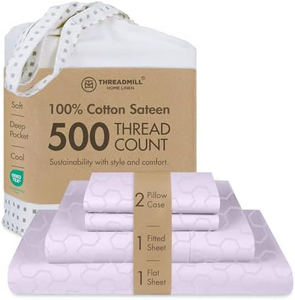 Threadmill 500 Thread Count Cotton Full Sheet Set, Sateen, Damask, Lilac