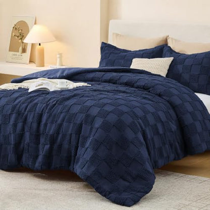 Sasttie King Comforter Set, 3 PC Boho Tufted Bed, Checkered Bedding, Navy
