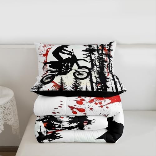 Feelyou Motocross Comforter Set All Season Red Splatter Elements Bedding Set with 2 Pillow Cases Dirt Bike Microfiber Kids Full Bedclothes Motorbike Bedroom Decor Dynamic Racing Scene Duvet Quilt