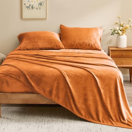 BEDELITE Flannel Sheets King Size, Burnt Orange, 4 Pieces