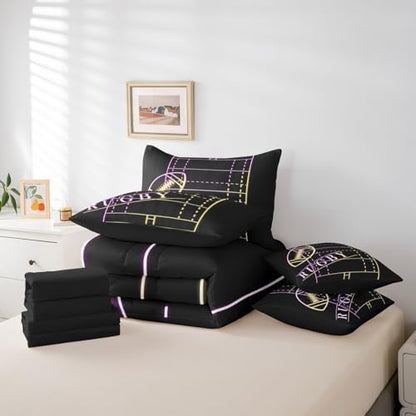 Football Bed in a Bag 7-Piece Sport Bedding Set for Boys Room, Rainbow Neon Light King Size Comforter Set Gradient Soccer Field Bedding Comforter Sets, Ball Gaming Bed Set (Black Reversible)