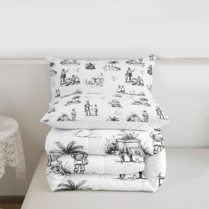 Pirate Ship Comforter Set King Size,Ocean Sailing Boat Seagull Bedding Sets 3Pcs Teens Adult Woman Men Room Decor,Tropical Coconut Tree Duvet Insert Vintage Sketch Grey Down Comforter,2 Pillowcases