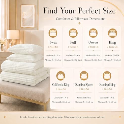 CozyLux Fleece Queen Comforter Set, 3 Piece Winter Warm Cream White Bedding