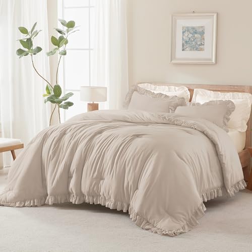 Andency Khaki King Size Comforter Set, 3 Pieces Solid Farmhouse Bedding