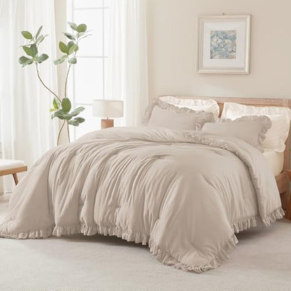 Andency Khaki Queen Comforter Set, 3 Pieces Farmhouse Shabby Chic Bedding