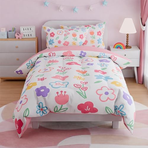 SANDJEST Floral Full Bedding Sets for Girl, Ultra Soft Microfiber Comforter Bed Set with 4-Pieces, Flower Comforters Sets for Kids Children Girl Teen Tween Bedroom Decor