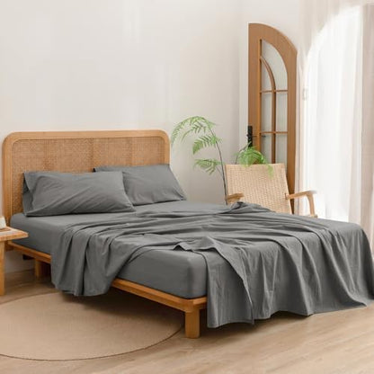 BESTOUCH Twin Washed Cotton Linen Feel Sheet Set 3pc Solid Dark Grey