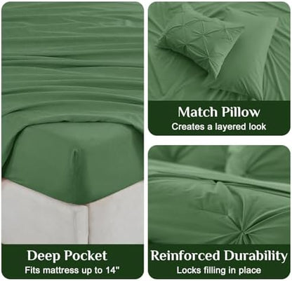 JOLLYVOGUE Twin Comforter Set 5 Pieces - Bed in a Bag Twin for All Season, Pintuck Bedding Comforter Sets with Comforter, Flat Sheet, Fitted Sheet and Pillowcases & Shams, Green