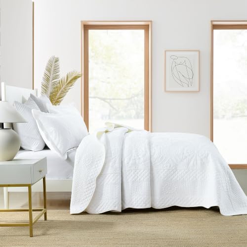 MarCielo 100% Cotton Quilt Set - 3-Piece Embroidered Farmhouse Bedspread & Shams, All-Season Breathable Bedding (Tf Bright White,Queen)