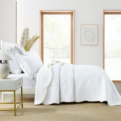 MarCielo 100% Cotton Quilt Set - 3-Piece Embroidered Farmhouse Bedspread & Shams, All-Season Breathable Bedding (Tf Bright White,Queen)