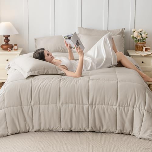 JOLLYVOGUE California King Comforter Set, Ultra-Soft Bed in a Bag Cal King Size 7 Pieces, Oeko-TEX Certified Bedding Set with Down Alternative Comforter, Sheets, Pillowcases & Shams, Oatmeal